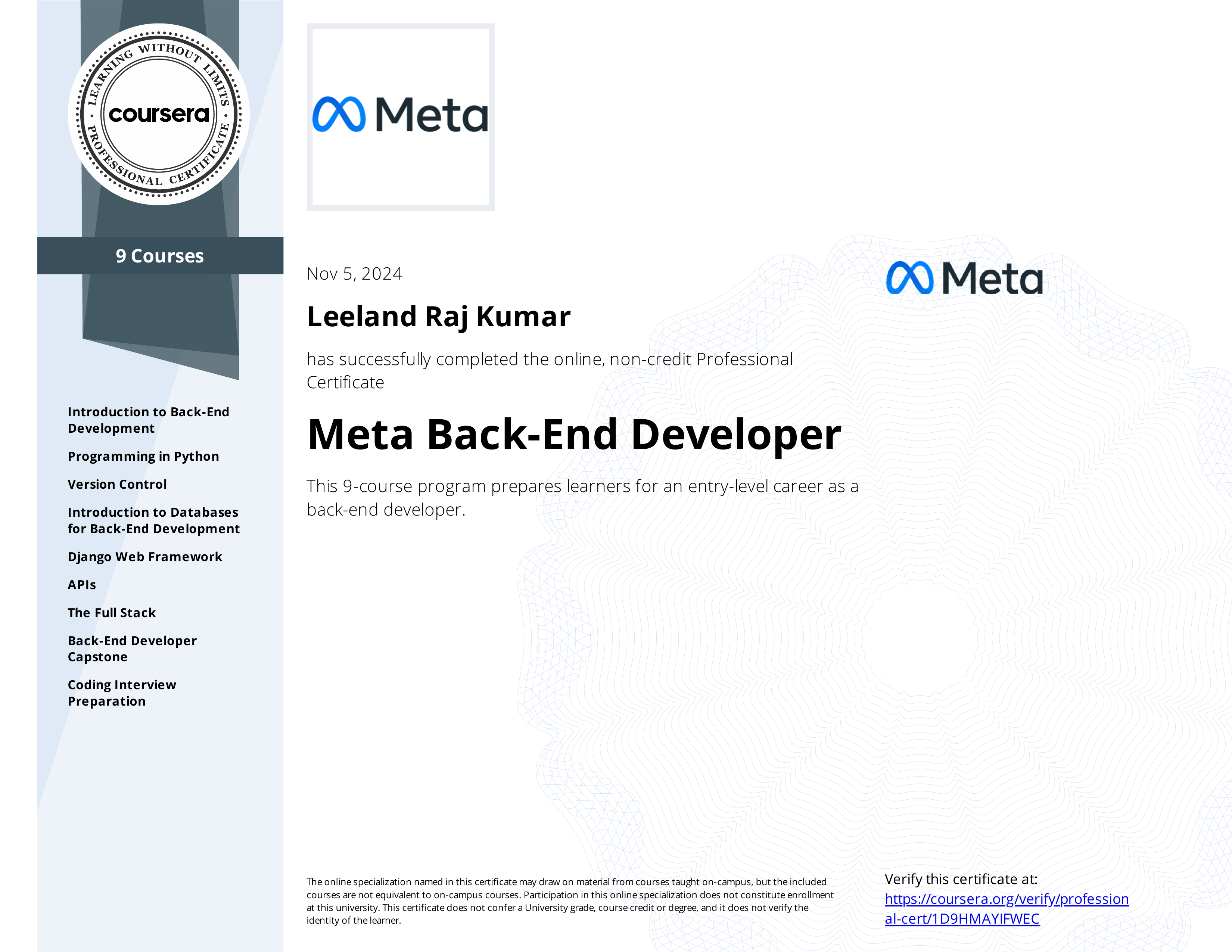 Meta Back-End Developer Specialization